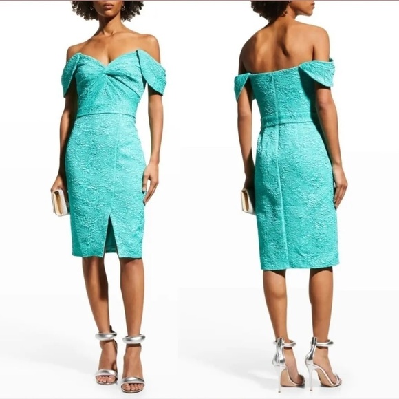 NEW! Tadashi Shoji Audrie Off Shoulder Jacquard Dress 👗 Jasmine Green sz 14 NWT - Picture 5 of 15